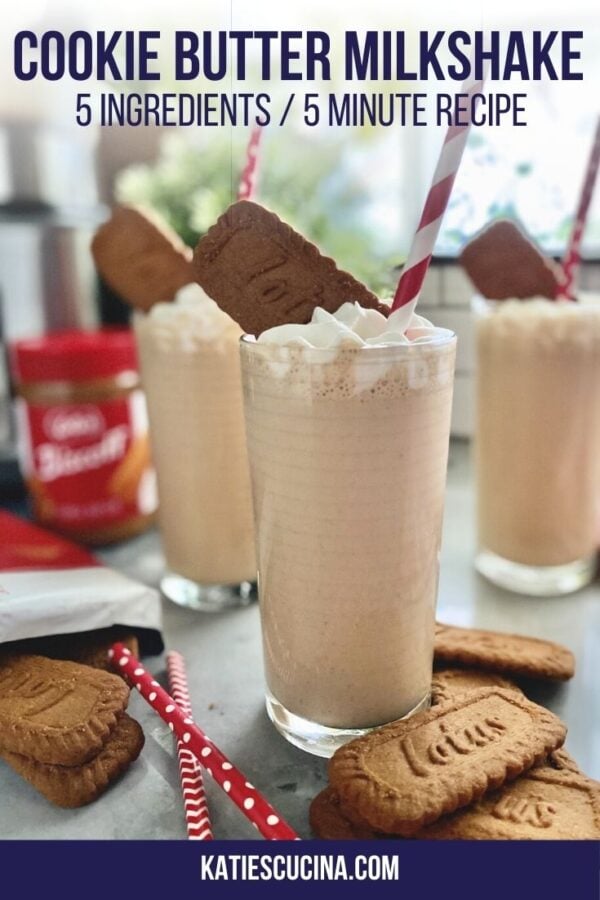 Close up of three milkshakes with cookies and whipped cream with text on image for Pinterest.