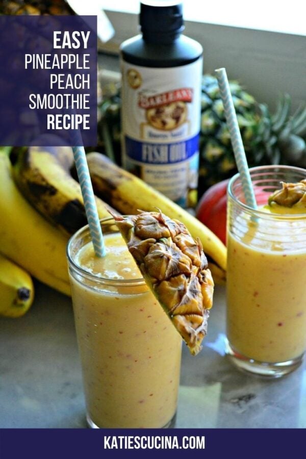 Two glasses of pineapple smoothie with pineapple garnish on glass.