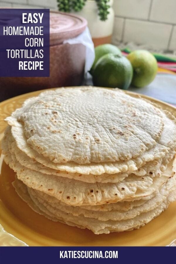 Stack of tortillas on a yellow plate with text on image for Pinterest.