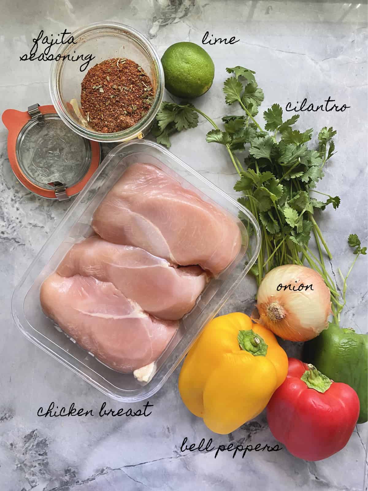 Ingredients: fajita seasoning, lime, cilantro, onion, chicken breast, and bell pepper.