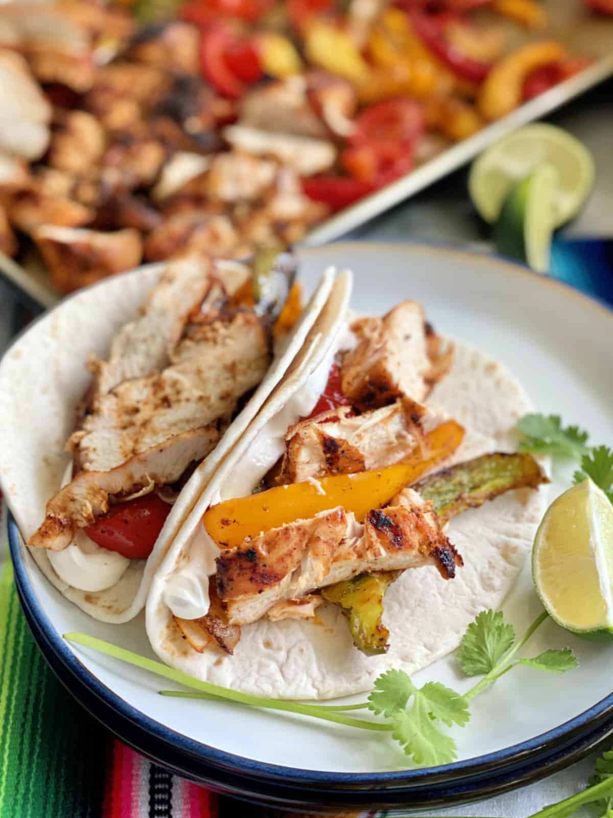 Up close view of two folded tortillas that have grilled chicken, peppers, and sour cream. 