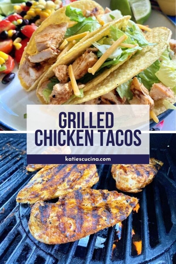 Three chopped chicken tacos with text and bottom of chicken breast on grill.