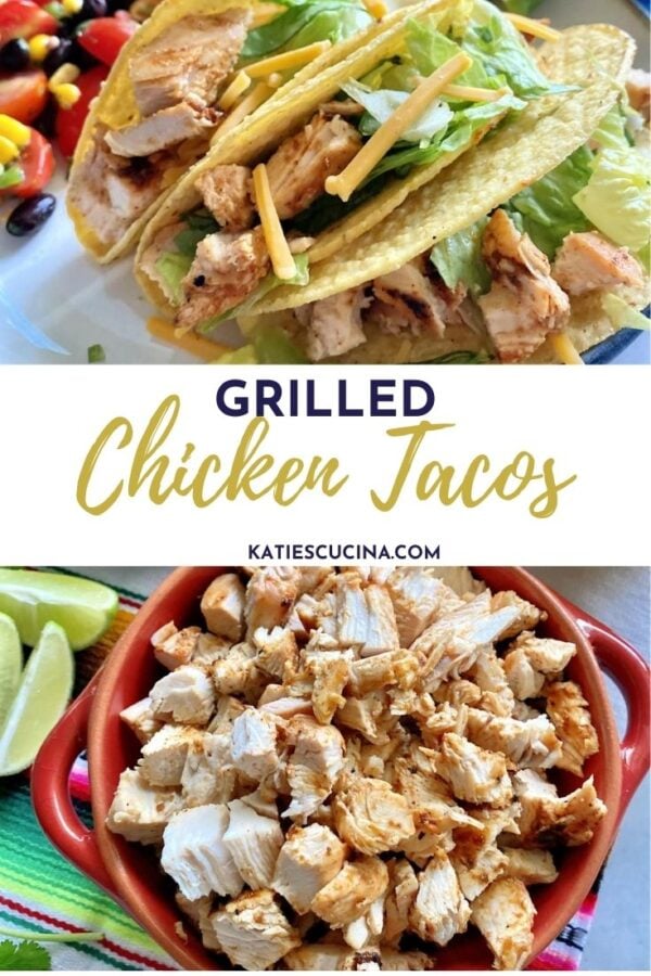 Top of three crunchy tacos with chicken, bottom of bowl of diced chicken with text on image for Pinterest.