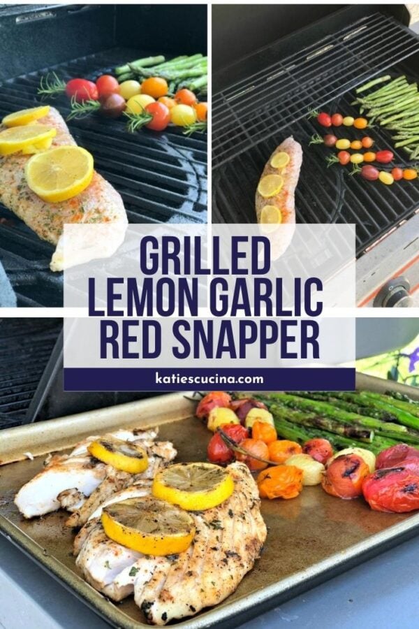 Top two photos of fish and veggies on grill, bottom of cooked fish.