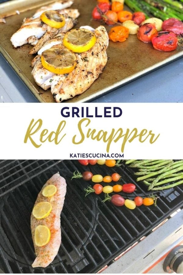 Top photo of cooked fish with veggies on baking sheet, bottom of fish and veggies on grill.