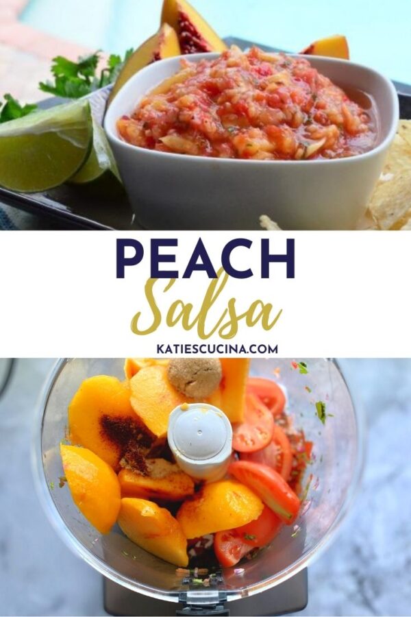 Top photo: Square bowl of peach salsa. Bottom of slices of peaches and plum tomatoes.