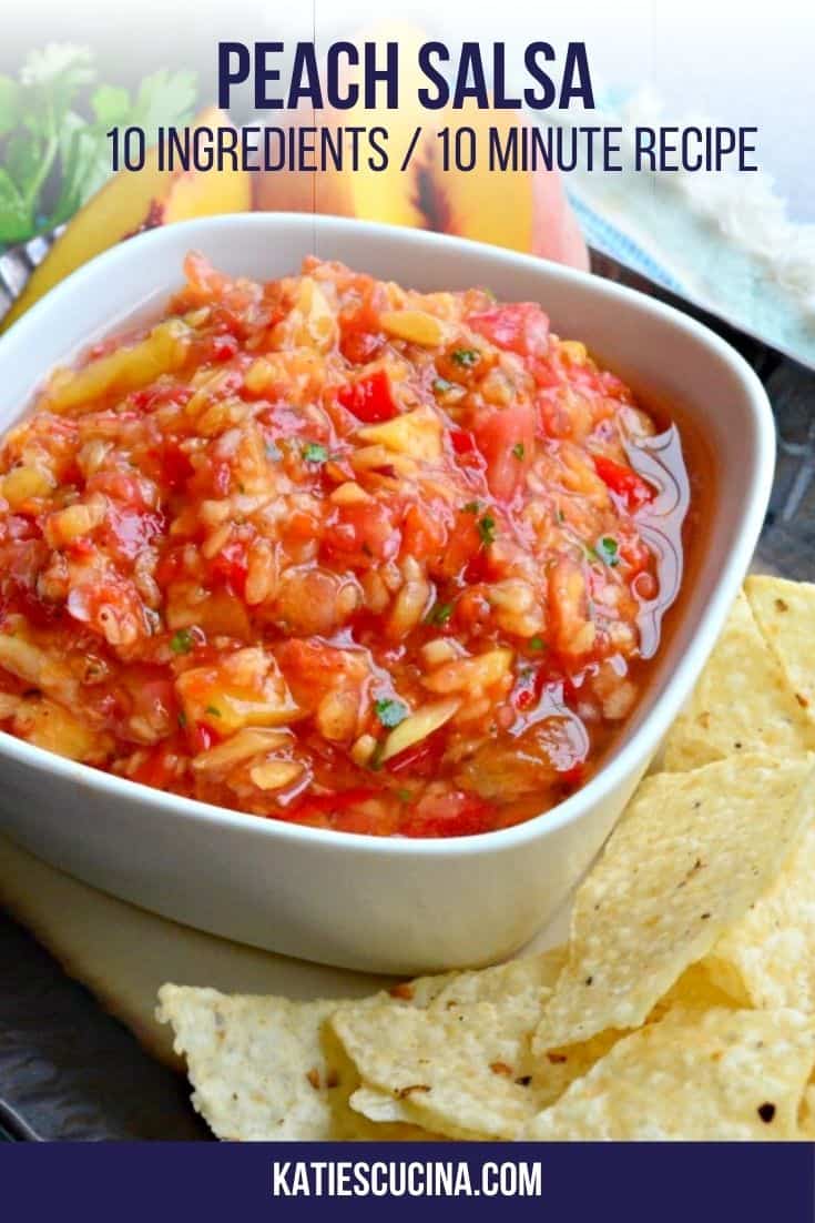 Tray of chips with square bowl on peach salsa with text on image for Pinterest.