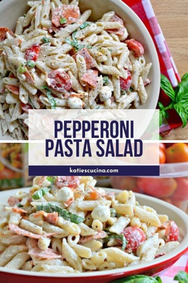 Top photo of creamy pasta salad top view, bottom of tubed pasta with tomatoes and basil.