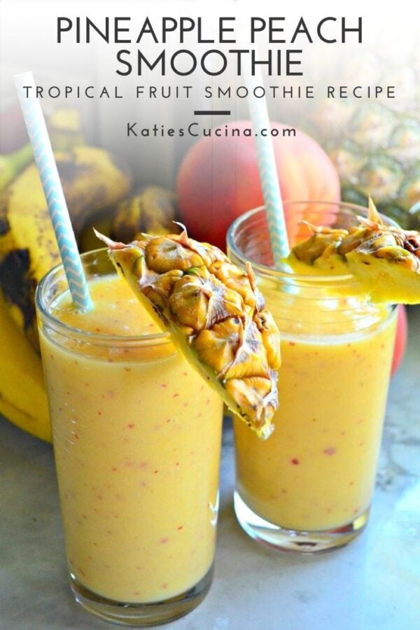 Up close of two yellow pineapple smoothies with text on image for Pinterest.