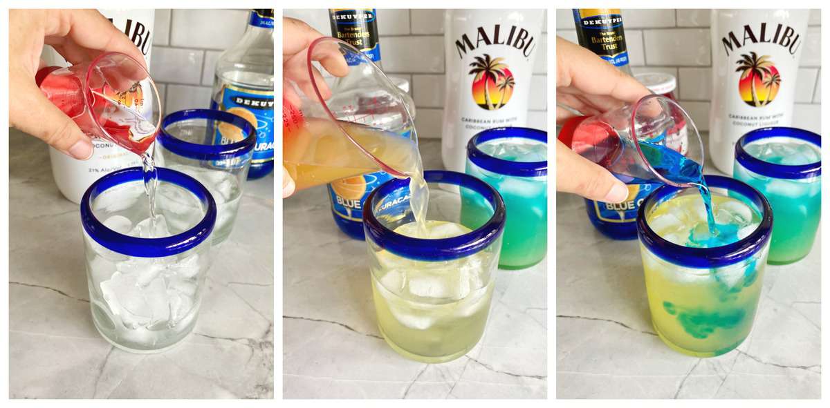 Three process photos of pour different alcohol in a glass with ice.