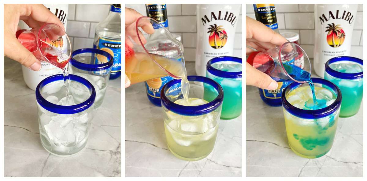 Three process photos of pour different alcohol in a glass with ice. 