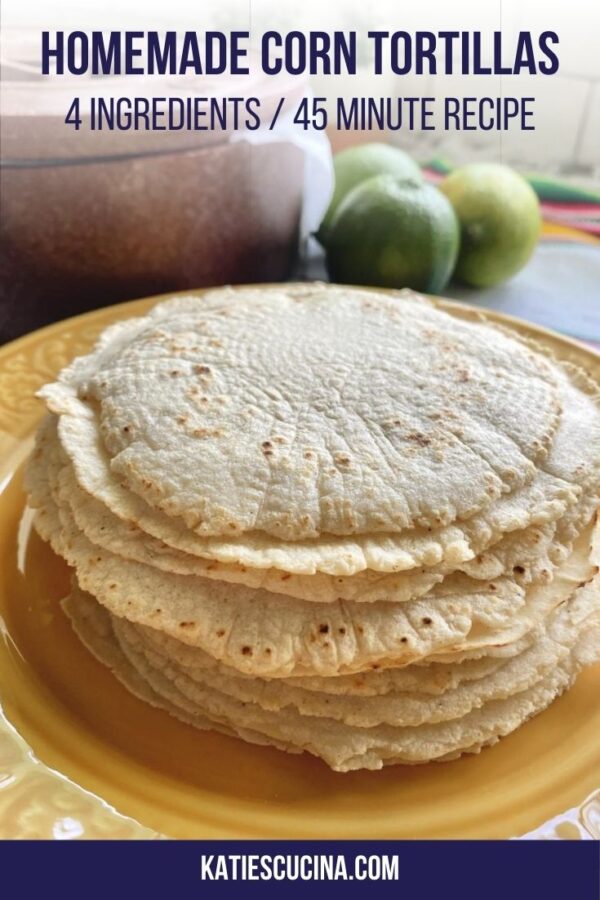 Stack of tortillas on a yellow plate with text on image for Pinterest.