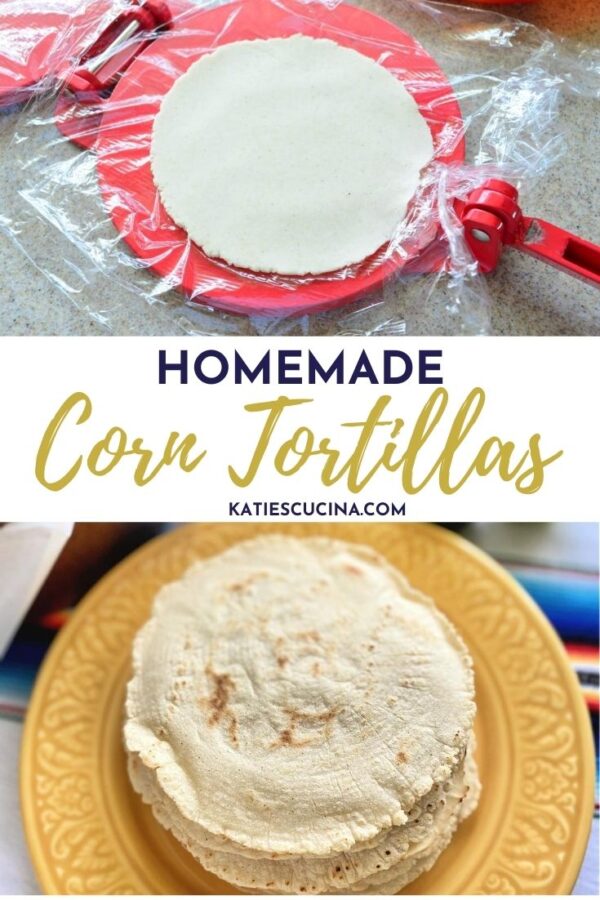 Top photo of red tortilla press with tortilla dough. Bottom photo of stack of tortillas.