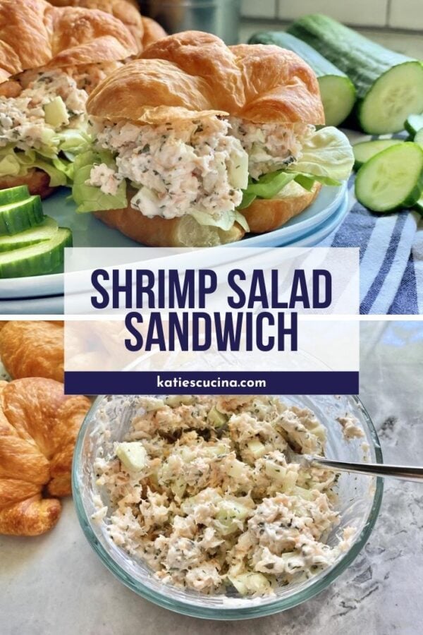 Two photos: Top of shrimp salad croissants, bottom of shrimp salad in a glass bowl.