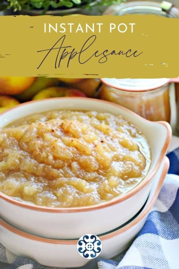 Two white dishes stacked with applesauce in it with text on image with Pinterest.