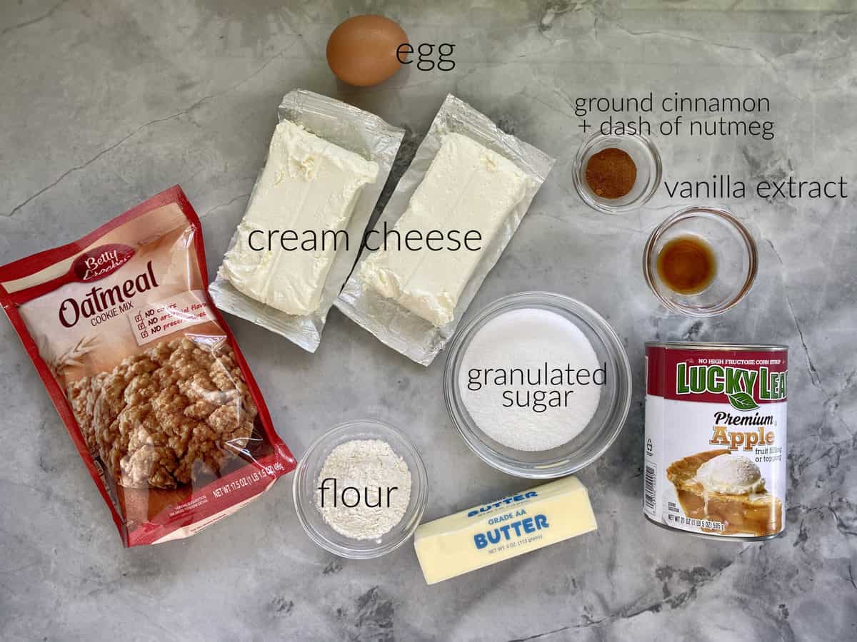 Ingredients: Oatmeal cookie mix, cream cheese, flour, sugar, butter, egg, cinnamon, apple pie filling.