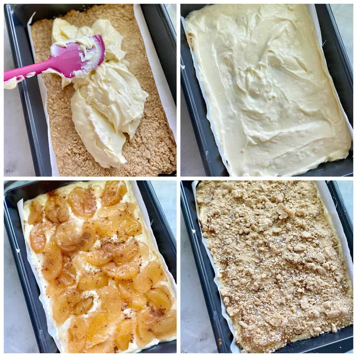 Four process shots of layering cheesecake bars in a metal pan.