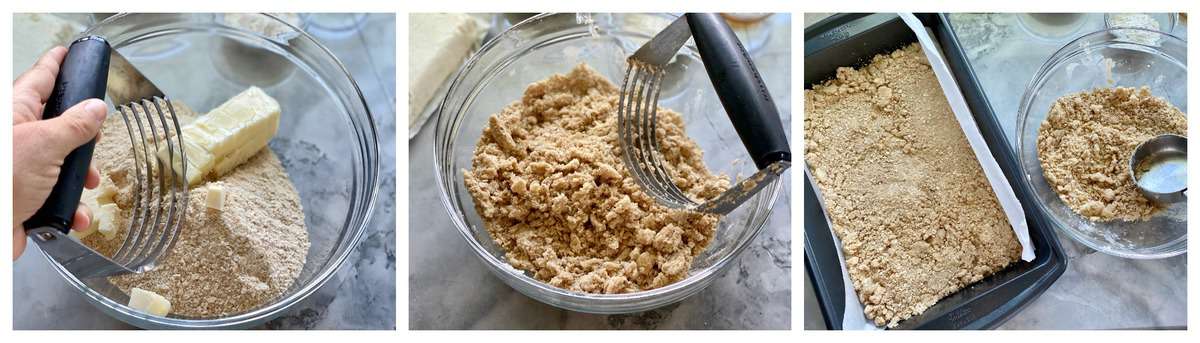 Three process photos of making crust using a pastry blender. 