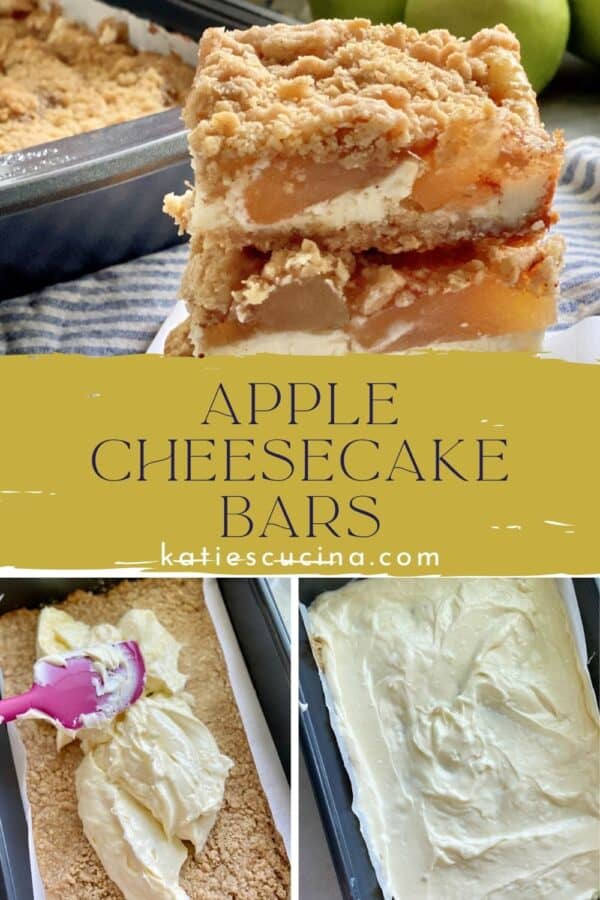 Three photos: top of stacked cheesecake bars, bottom of process of making cheesecake bars.