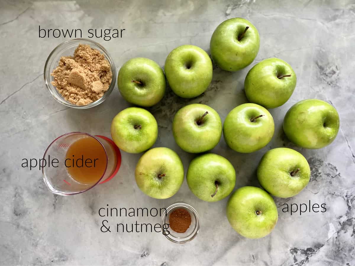 Ingredients; brown sugar, apple cider, cinnamon, nutmeg, and apples.