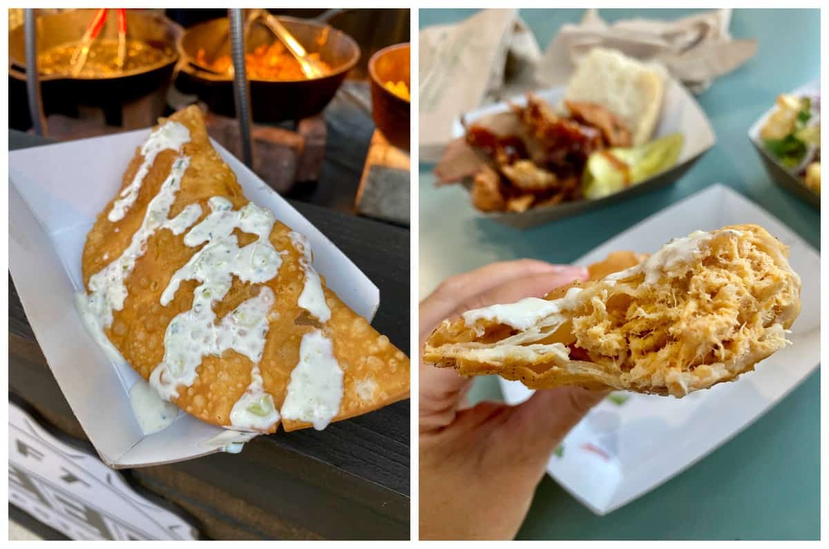 Two photos: one of a whole empanada in a paper tray, the other of a half eaten empanada.