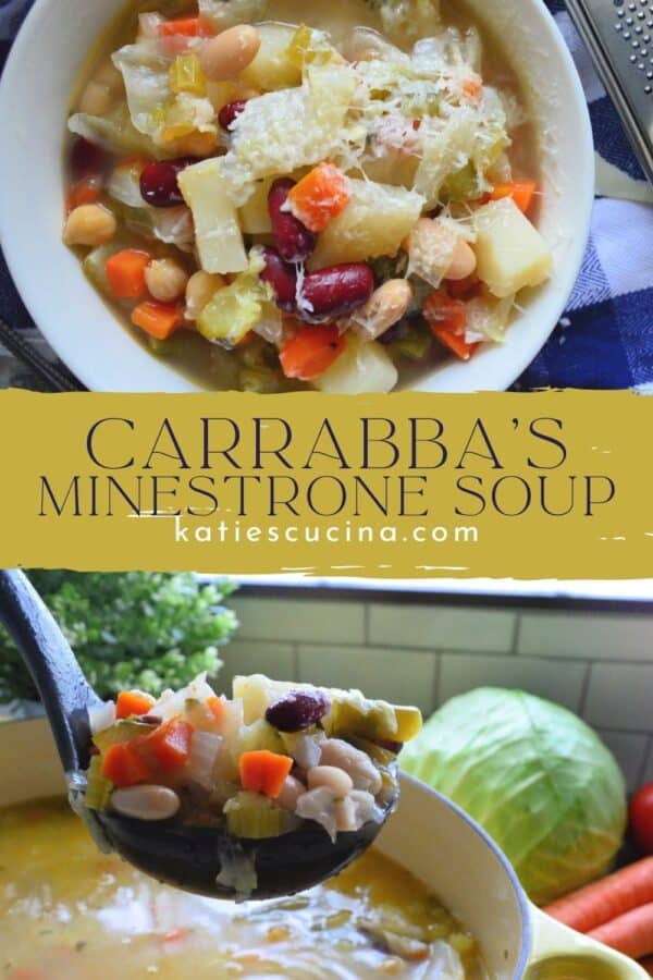 Two photos: Top of a bowl of minestrone soup, bottom of a black ladle with soup.