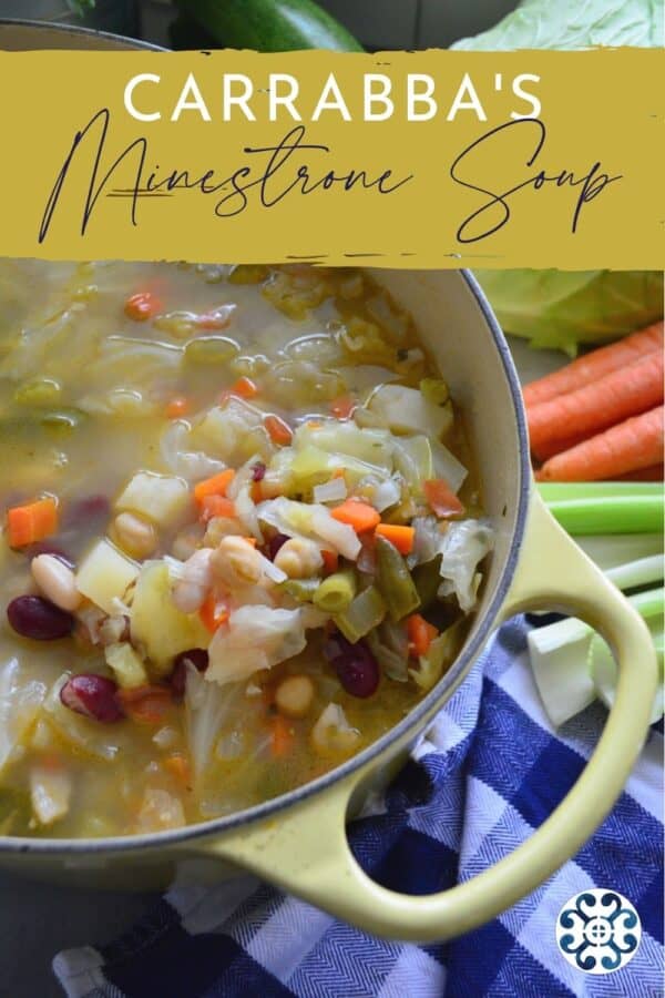 Yellow soup pot filled with minestrone with text on image for Pinterest.