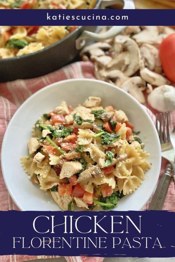 Top view of bowl of bow tie pasta with spinach and tomatoes.