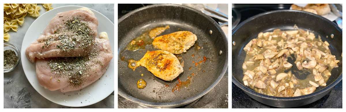 Three process shots of raw chicken, chicken cooking in a skillet, and mushrooms in skillet.
