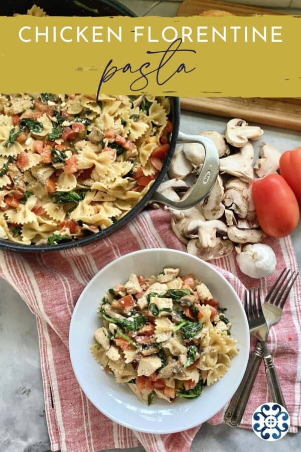 Top view of a white bowl filled with pasta and a skillet with bow tie pasta.