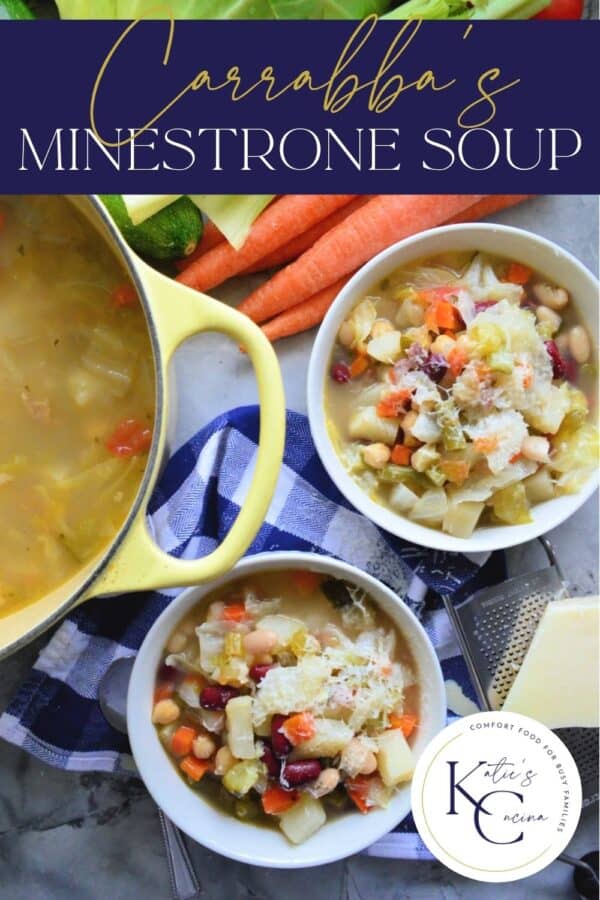 Top view of a yellow soup pot with two bowls filled with minestrone soup.