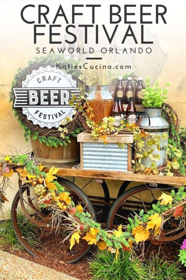 Wagon with flowers draped on it and Craft Beer Festival Sign with bottles and text on image for Pinterest.