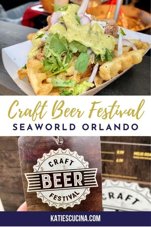 Two photos: top of loaded waffle fries, bottom of craft beer festival lanyard and text on image for Pinterest.