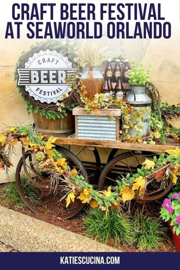 Craft Beer Festival wagon with foliage and beer bottles and text on image for Pinterest.