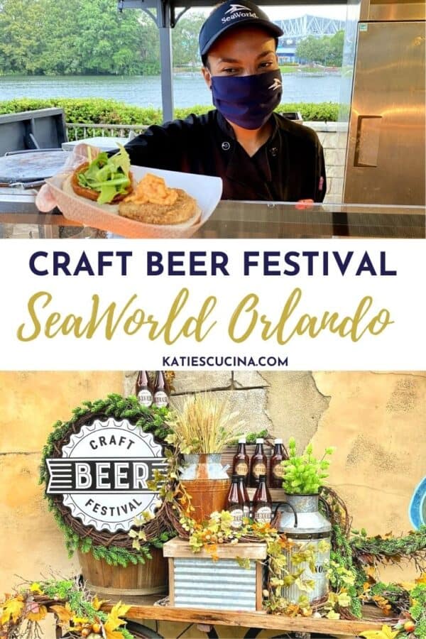 Two images; top of SeaWorld employee handing food, bottom of craft beer festival wagon.