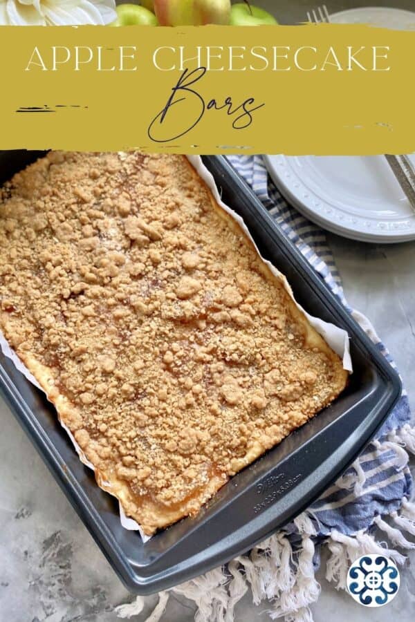Top view of a rectangle pan of cheesecake bars with text on image for Pinterest.