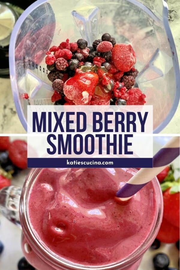 Two photos: Top of blender with berries, bottom of top view of a purple smoothie with text on image for Pinterest.