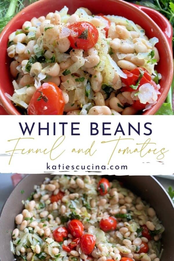 Two photo split: Top of close up of white beans, bottom of a skillet filled with white beans.