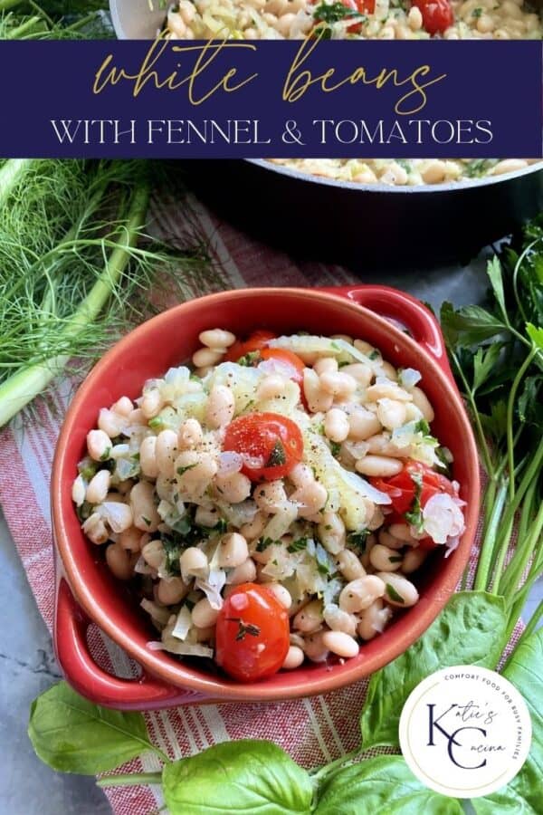 Top view of a red bowl filled with white beans and tomatoes with text on image for Pinterest.