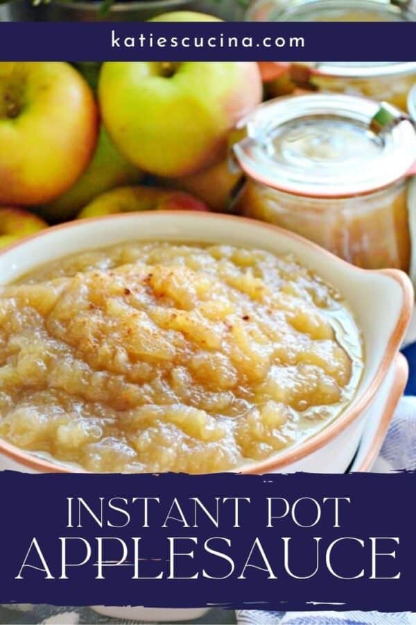 Applesauce in a white bowl with apples and canned applesauce in background.