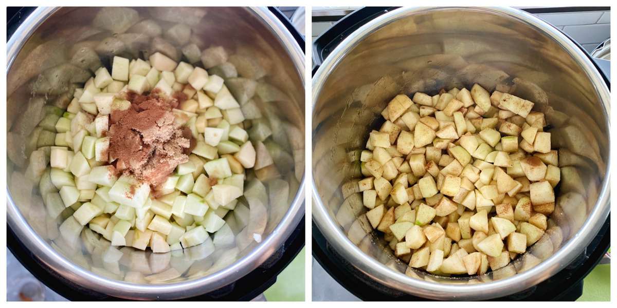 Two photos of diced apples with cinnamon and sugar in an Instant Pot before cooking.