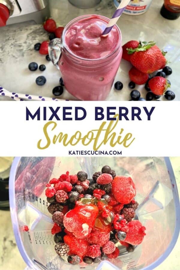 Two photos: top of a glass with purple smoothie, bottom of a blender full of berries.