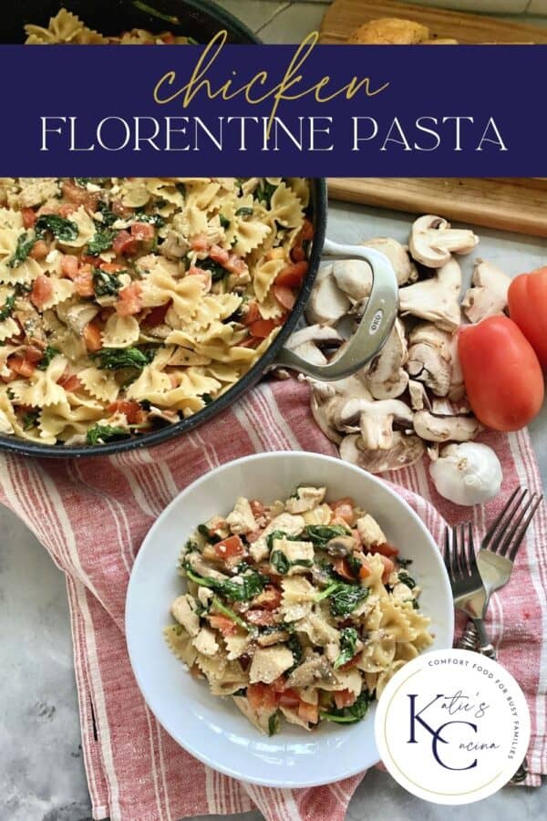 Top view of skillet pasta with a bowl of bow tie pasta and chicken with text.