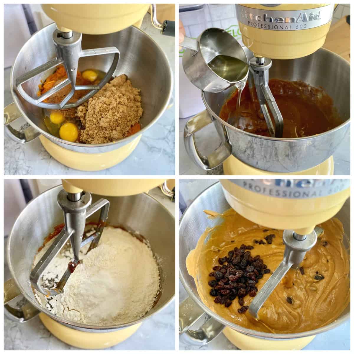 Four photo process of yellow KitchenAid Stand mixer with pumpkin batter mixing.
