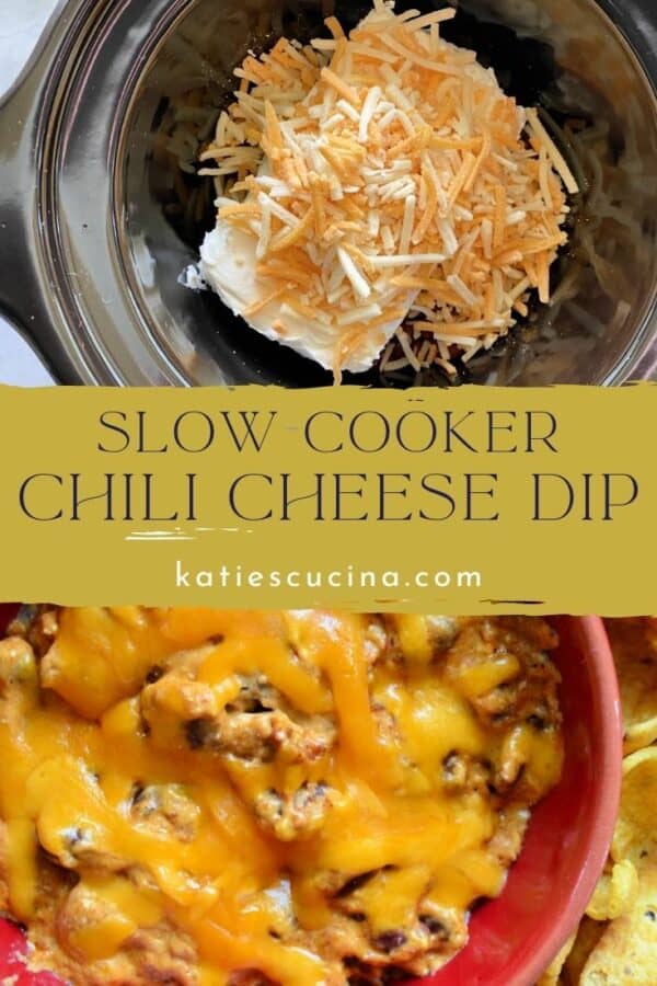 Two photos: Top of slow cooker with ingredients, bottom of a cheesy dip.