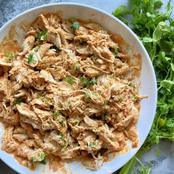 Top view of a white bowl filled with shredded chicken with cilantro on top and on the side.