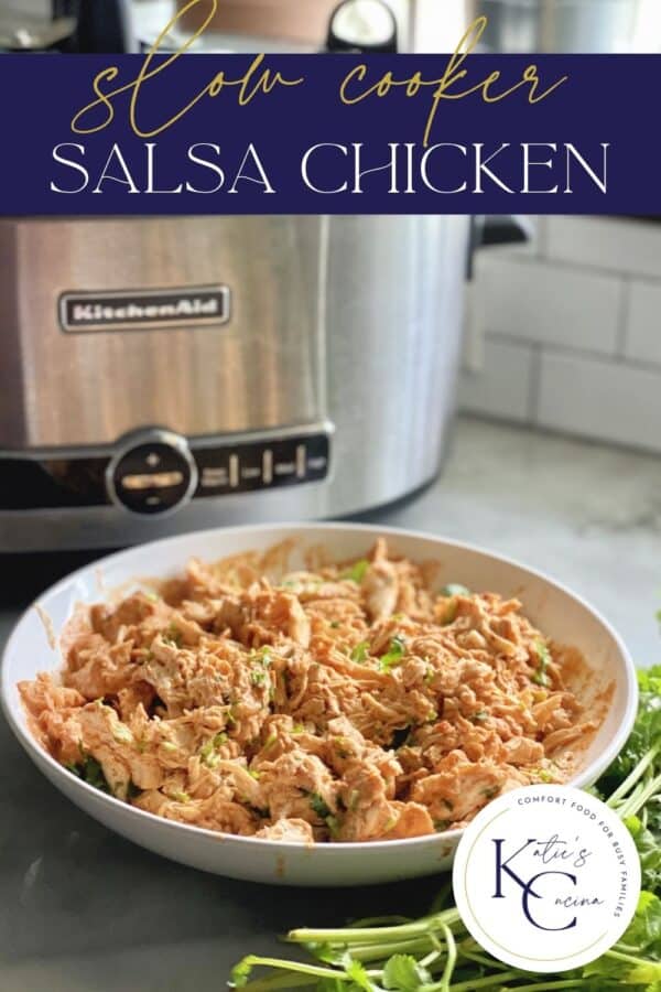 White bowl filled with shredded chicken and stainless steel slow cooker in back.