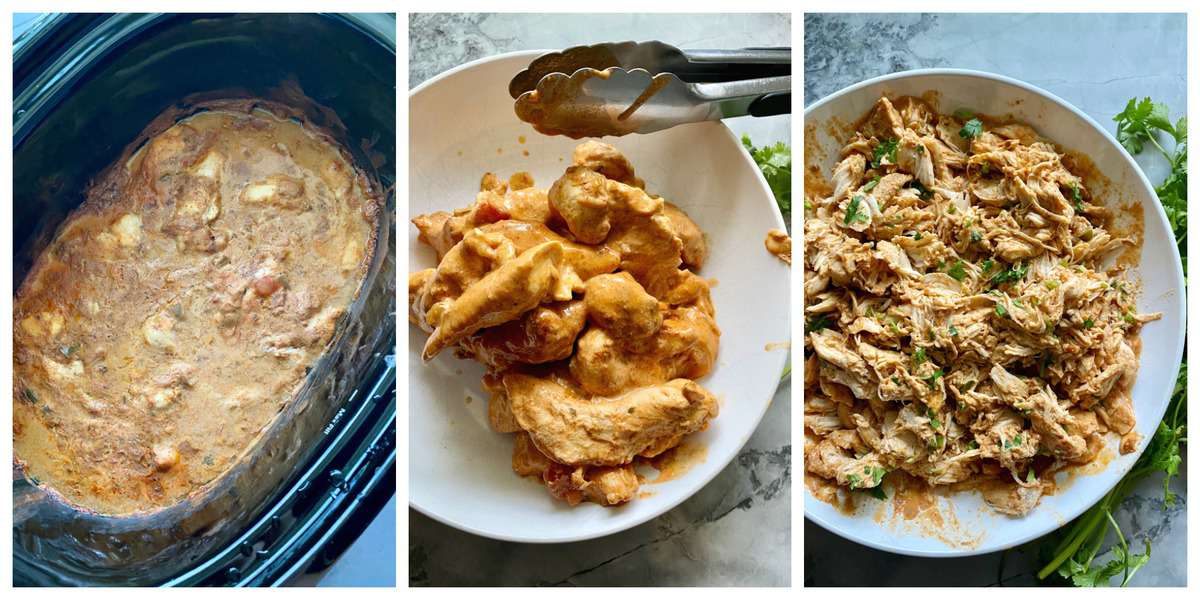 Three process photos: cream sauce in slow cooker, chunks of cooked chicken in bowl, shredded chicken in bowl.