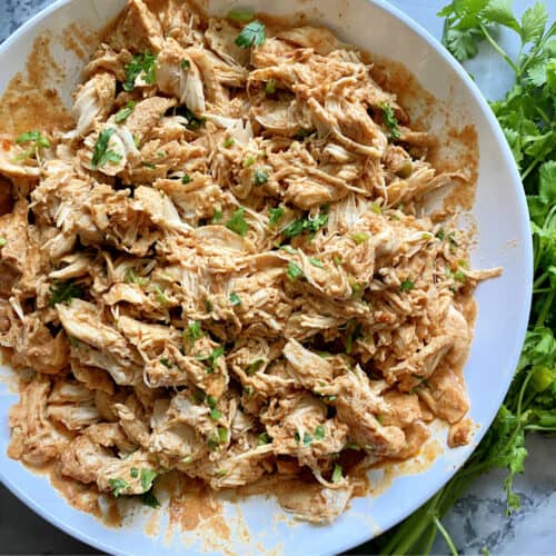 Top view of shredded chicken with cilantro in a white bowl.