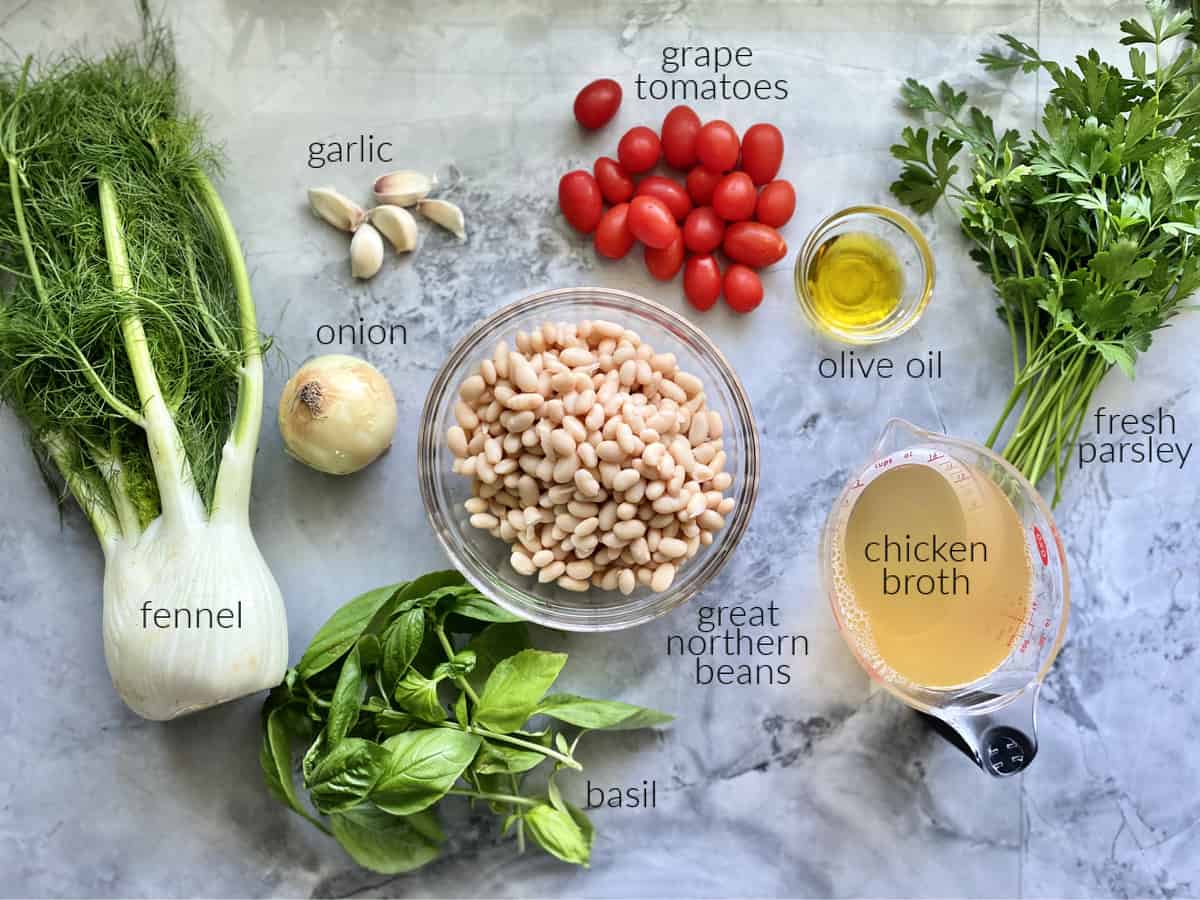 Ingredients: fennel, onion, garlic, tomatoes, olive oil, parsley, basil, white beans, chicken broth.